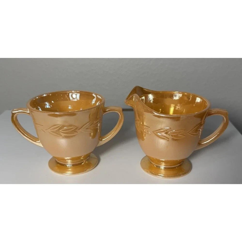 Fire King Oven Ware Peach Luster / Laurel Leaf Cream and Sugar Bowl Set Vintage